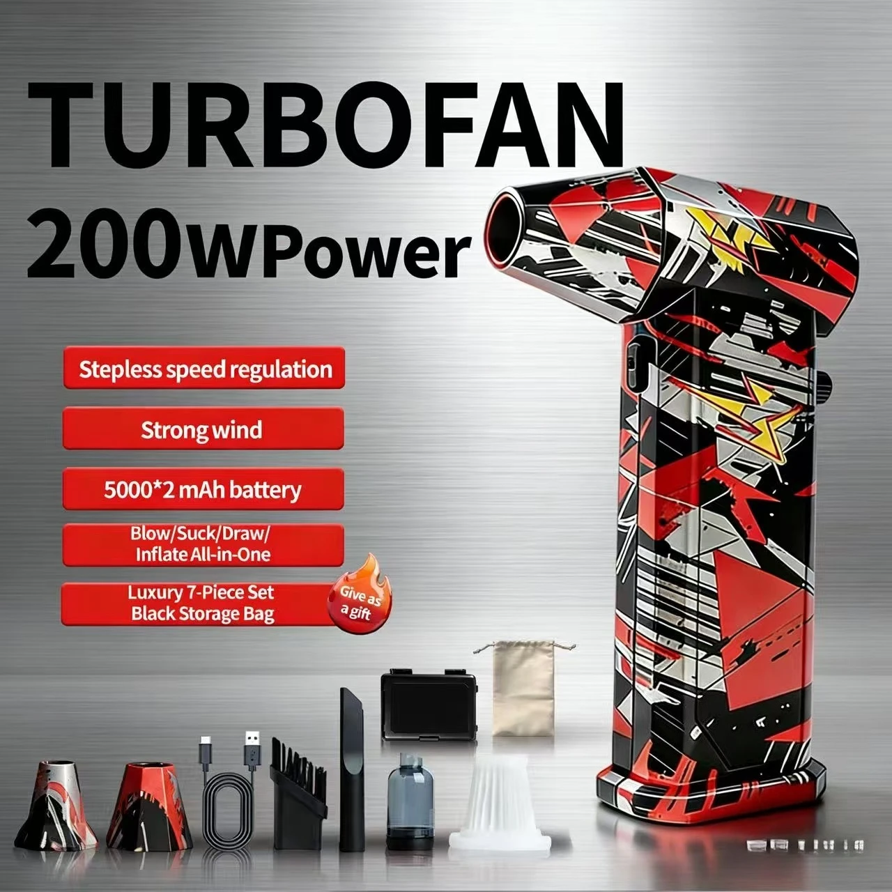 X9 Silver-Black-Red Fan, Brushless Vacuum, 300000 RPM, 75m/s, Turbo Jet for Blowing/Car Wash/Snow Removal
X9 Silver-Black-Red Fan, Brushless Vacuum, 300000 RPM, 75m/s, Turbo Jet for Blowing/Car Wash/Snow Removal