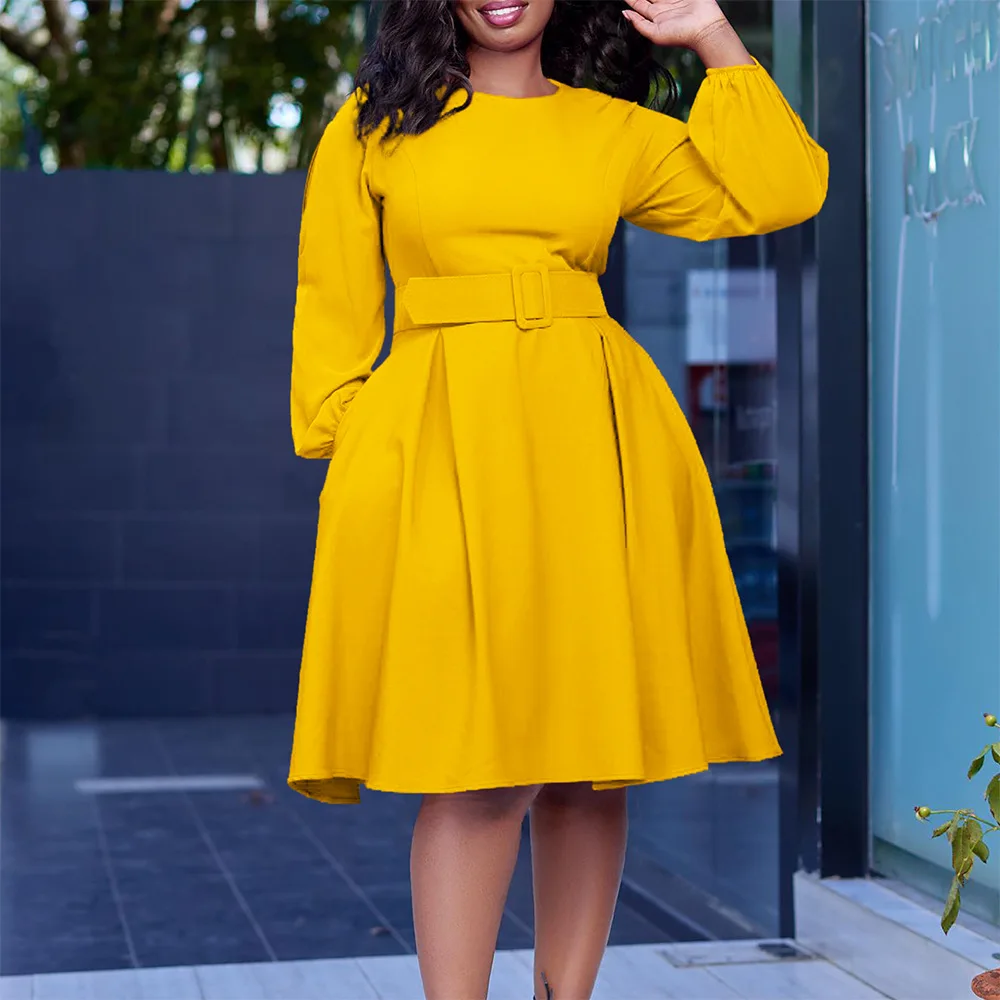Fashion Elegant Women's A-line Dress With Belt O-neck Long Sleeved Solid Large Swing Skirt Party Commuter Dress African Women
Fashion Elegant Women's A-line Dress With Belt O-neck Long Sleeved Solid Large Swing Skirt Party Commuter Dress African Women