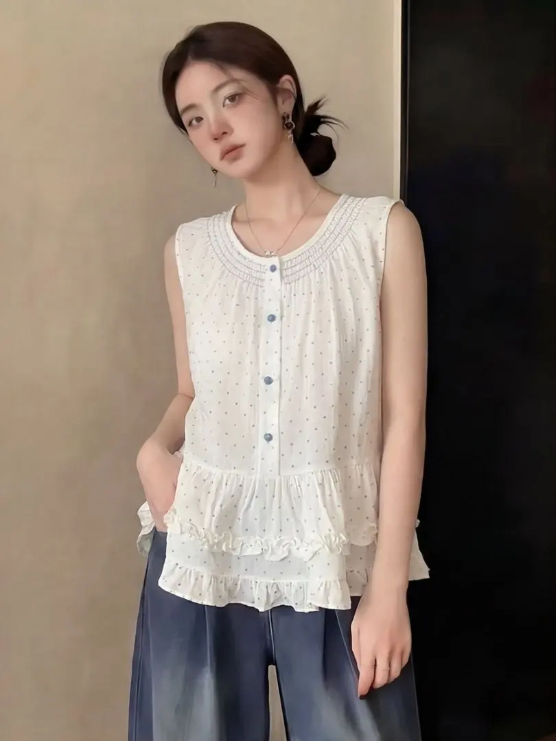 Sweet Polka Dot Double Layer Skirt Loose Fit round Neck Sleeveless Vest Shirt Women's Fashion Korean Style Summer Top
Sweet Polka Dot Double Layer Skirt Loose Fit round Neck Sleeveless Vest Shirt Women's Fashion Korean Style Summer Top