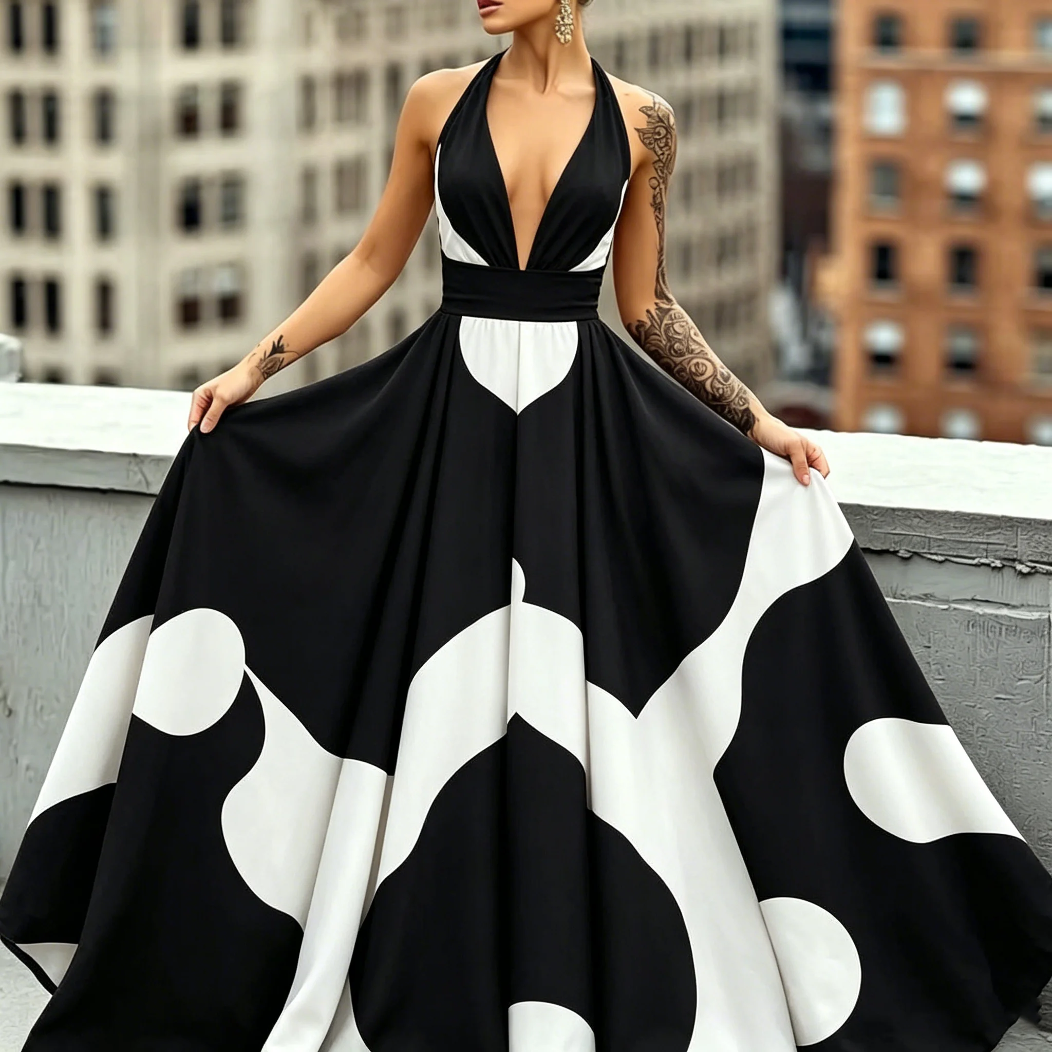 Women's Abstract Dot Print Halter Deep V Maxi Dress High Waist Pleated Full Flare Dress Elegant Formal Evening Party Outfit
Women's Abstract Dot Print Halter Deep V Maxi Dress High Waist Pleated Full Flare Dress Elegant Formal Evening Party Outfit