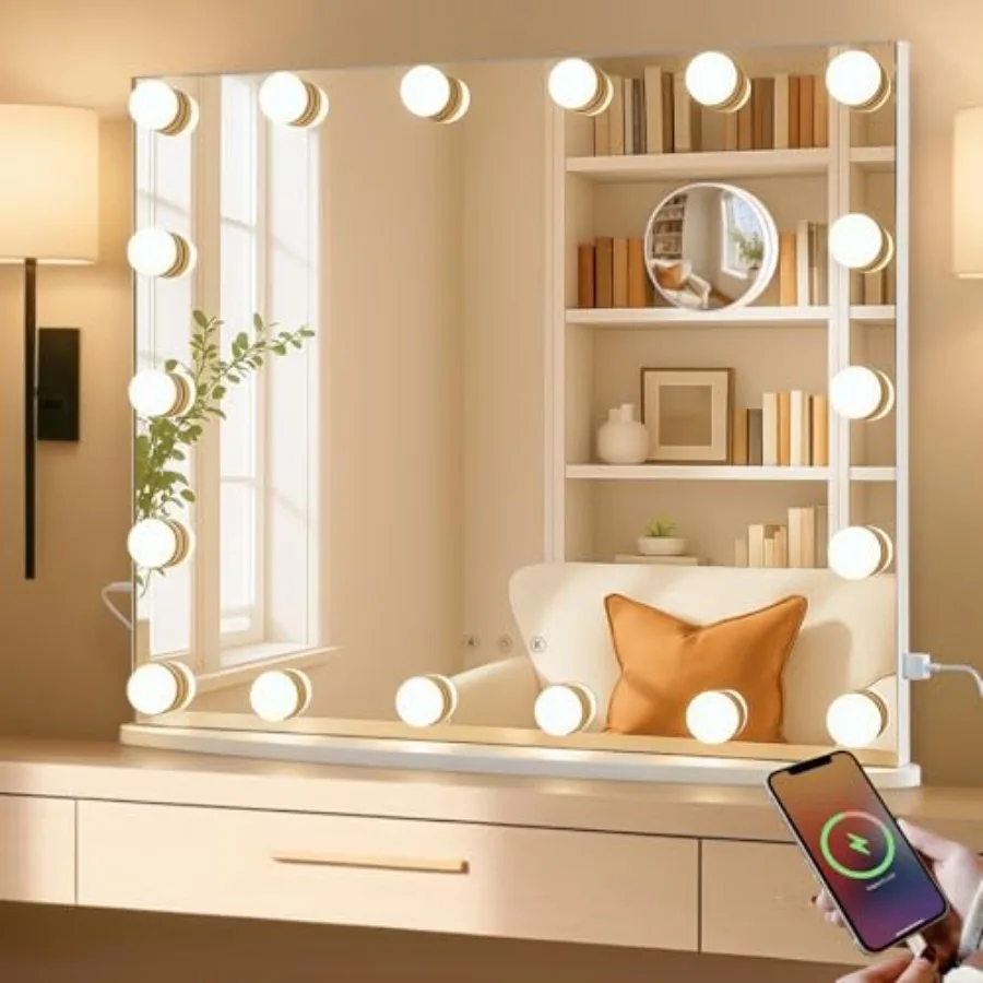 Vanity Mirror with Lights 23.6" x 20.5" Hollywood Mirror Light Up Makeup Mirror with 18 LED Bulbs for Bedroom Desk 3 Color Ligh
Vanity Mirror with Lights 23.6" x 20.5" Hollywood Mirror Light Up Makeup Mirror with 18 LED Bulbs for Bedroom Desk 3 Color Ligh