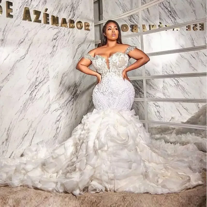 Customized Plus Size Wedding Dresses Off The Shoulder High Beading Ruffles Pleated Casamento Mermaid Bridal Dress Ivory Applique
Customized Plus Size Wedding Dresses Off The Shoulder High Beading Ruffles Pleated Casamento Mermaid Bridal Dress Ivory Applique
