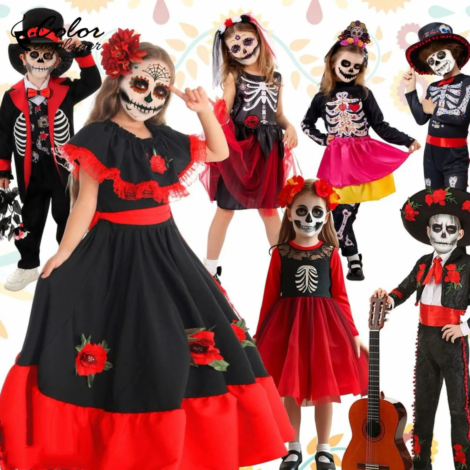 Boys Gril Cosplay Halloween Rose Skull Skeleton Costumes Children's Day Party Performance Costume Day of The Dead Uniform
Boys Gril Cosplay Halloween Rose Skull Skeleton Costumes Children's Day Party Performance Costume Day of The Dead Uniform