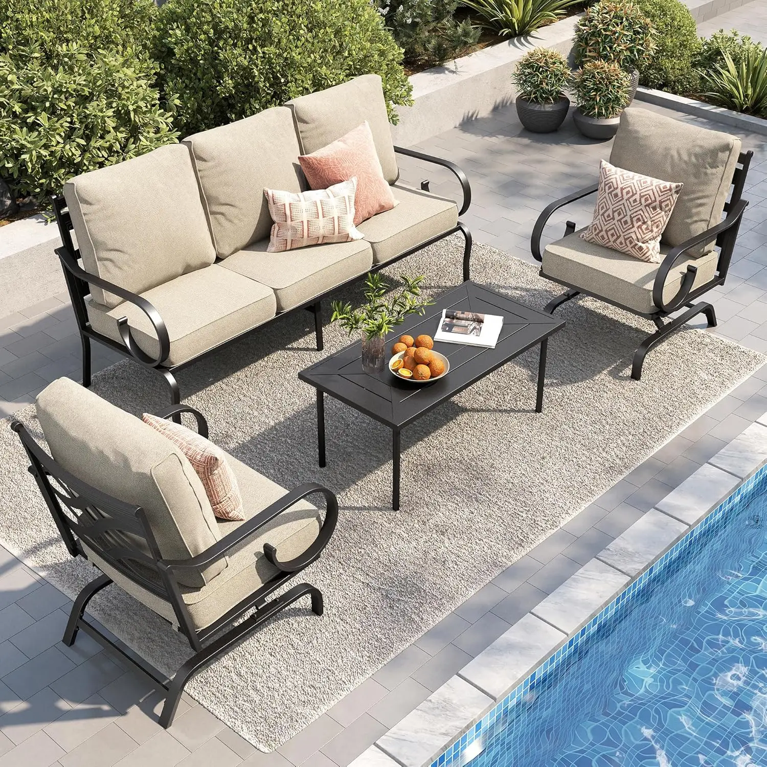 3-Seater Sofa 2 Rocking Chairs Coffee Table Outdoor Metal Conversation Set 5.75" Thick Cushion Garden Backyard Deck, Custom
3-Seater Sofa 2 Rocking Chairs Coffee Table Outdoor Metal Conversation Set 5.75" Thick Cushion Garden Backyard Deck, Custom