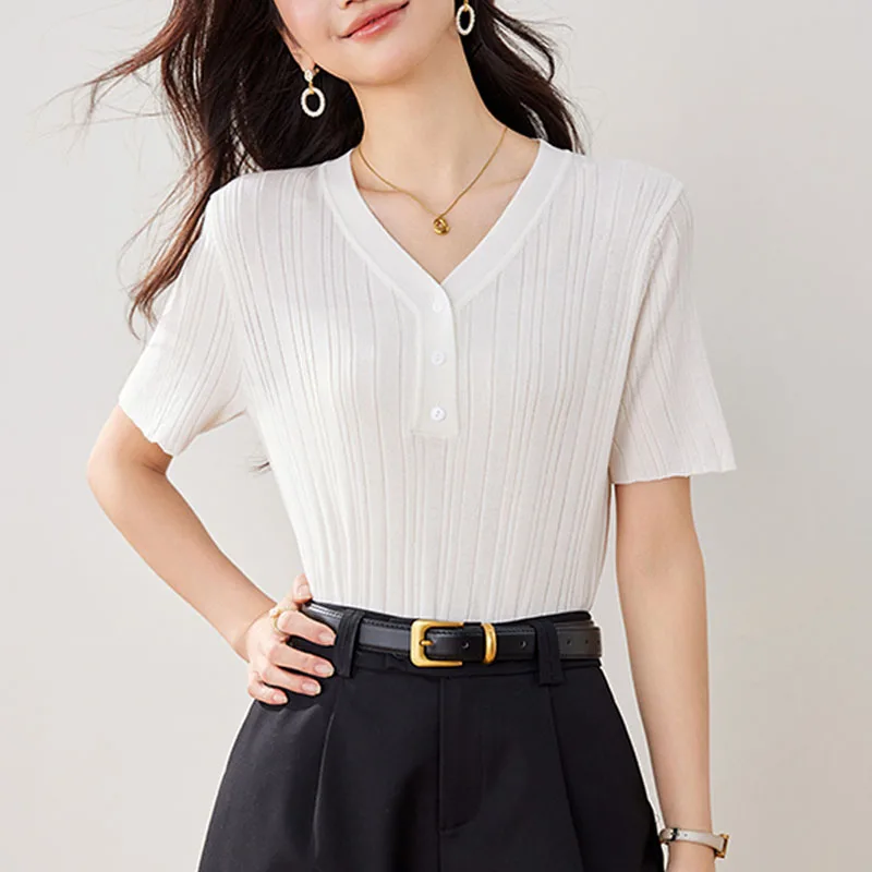 Knitwears Knitted Sweater Women Pullovers New Summer V-Neck Knit Sweater Pullover Women Tops Short Sleeve Sueters De Mujer Q4902
Knitwears Knitted Sweater Women Pullovers New Summer V-Neck Knit Sweater Pullover Women Tops Short Sleeve Sueters De Mujer Q4902
