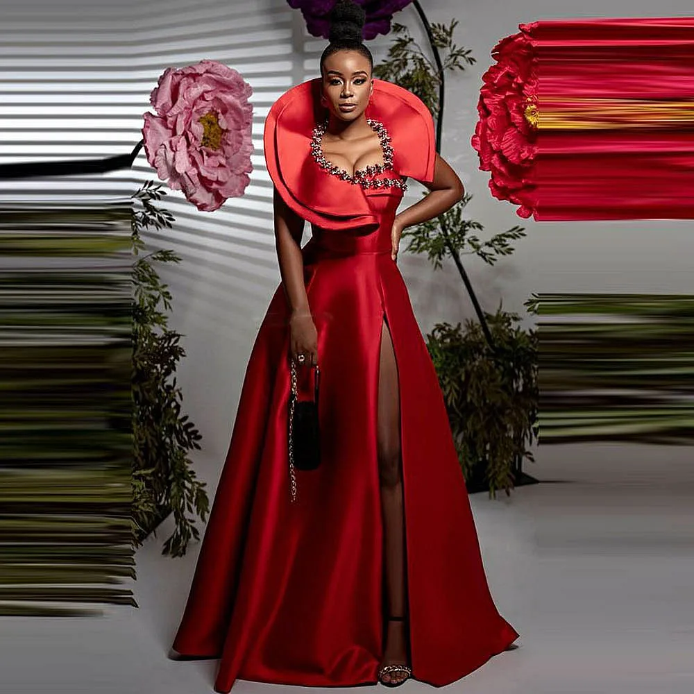 Aso Ebi Prom Dresses With Beads High Slit Satin Evening Dress Formal Party Gowns
Aso Ebi Prom Dresses With Beads High Slit Satin Evening Dress Formal Party Gowns