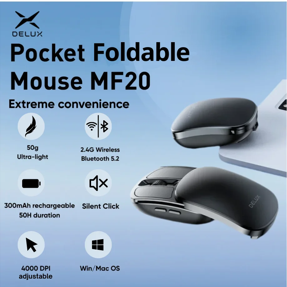 Delux MF20 Wireless Folding Mouse Ultra-light 50g Portable Silent Click 2.4G Bluetooth for Tablet Windows Mac OS Pocket-Friendly
Delux MF20 Wireless Folding Mouse Ultra-light 50g Portable Silent Click 2.4G Bluetooth for Tablet Windows Mac OS Pocket-Friendly