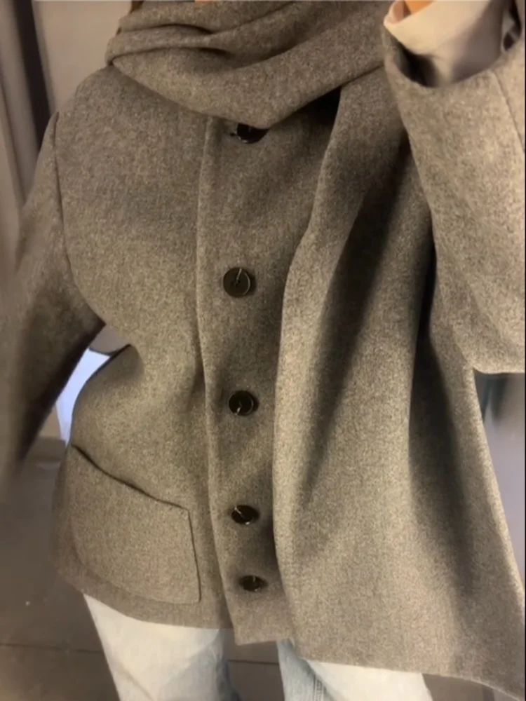 Повседневное однотонное шерстяное пальто с шарфом и воротником, женское модное однобортное свободное пальто с карманами, повседневные уличные куртки для поездок на работу 
Повседневное однотонное шерстяное пальто с шарфом и воротником, женское модное однобортное свободное пальто с карманами, повседневные уличные куртки для поездок на работу