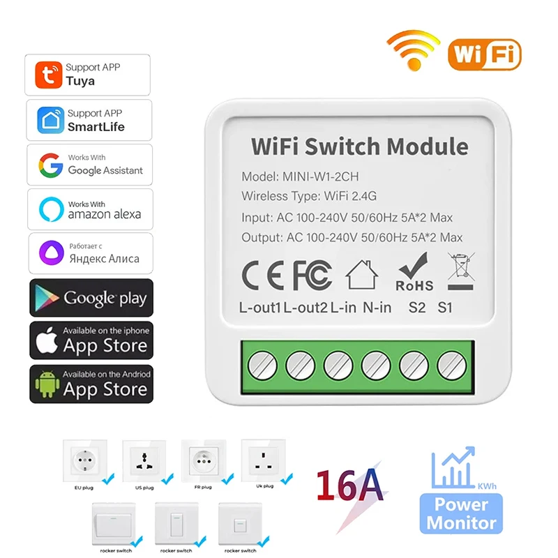 Tuya 16A Wi-Fi Mini Smart Switch Smart Life DIY Настенные переключатели Мониторинг мощности 2-стороннее управление для Alexa Google Smart Home Alice 
Tuya 16A Wi-Fi Mini Smart Switch Smart Life DIY Настенные переключатели Мониторинг мощности 2-стороннее управление для Alexa Google Smart Home Alice