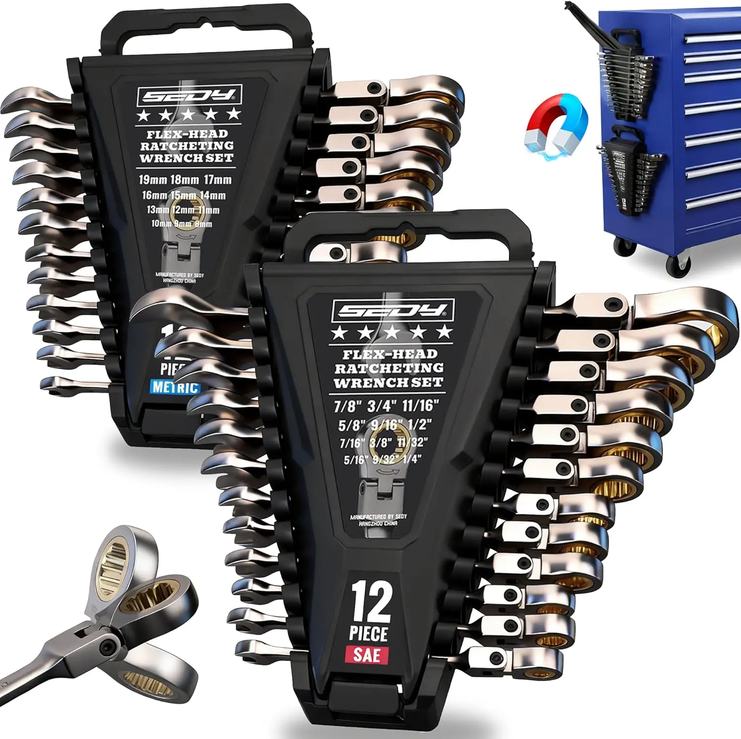 24-Piece Flex-Head Ratchet Wrench Set, Metric SAE 8-19mm 1/4"-7/8", Cr-V Steel with Magnetic Organizers
24-Piece Flex-Head Ratchet Wrench Set, Metric SAE 8-19mm 1/4"-7/8", Cr-V Steel with Magnetic Organizers