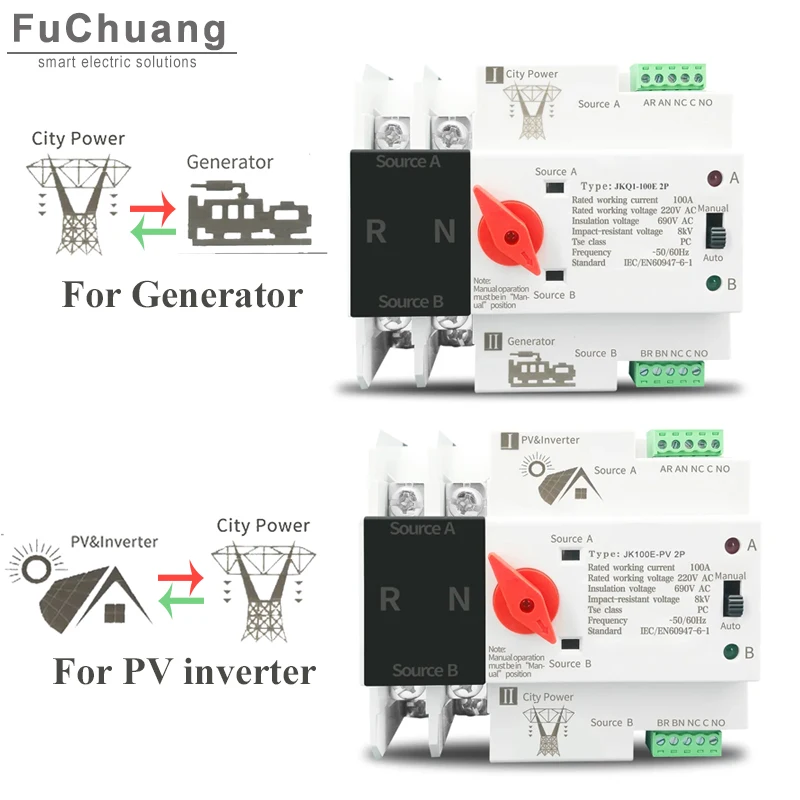 2P Single Phase Household Automatic Transfer Switch Dual Power 220V 63A 100A ATS for City Power and Generator or PV and Inverter
2P Single Phase Household Automatic Transfer Switch Dual Power 220V 63A 100A ATS for City Power and Generator or PV and Inverter
