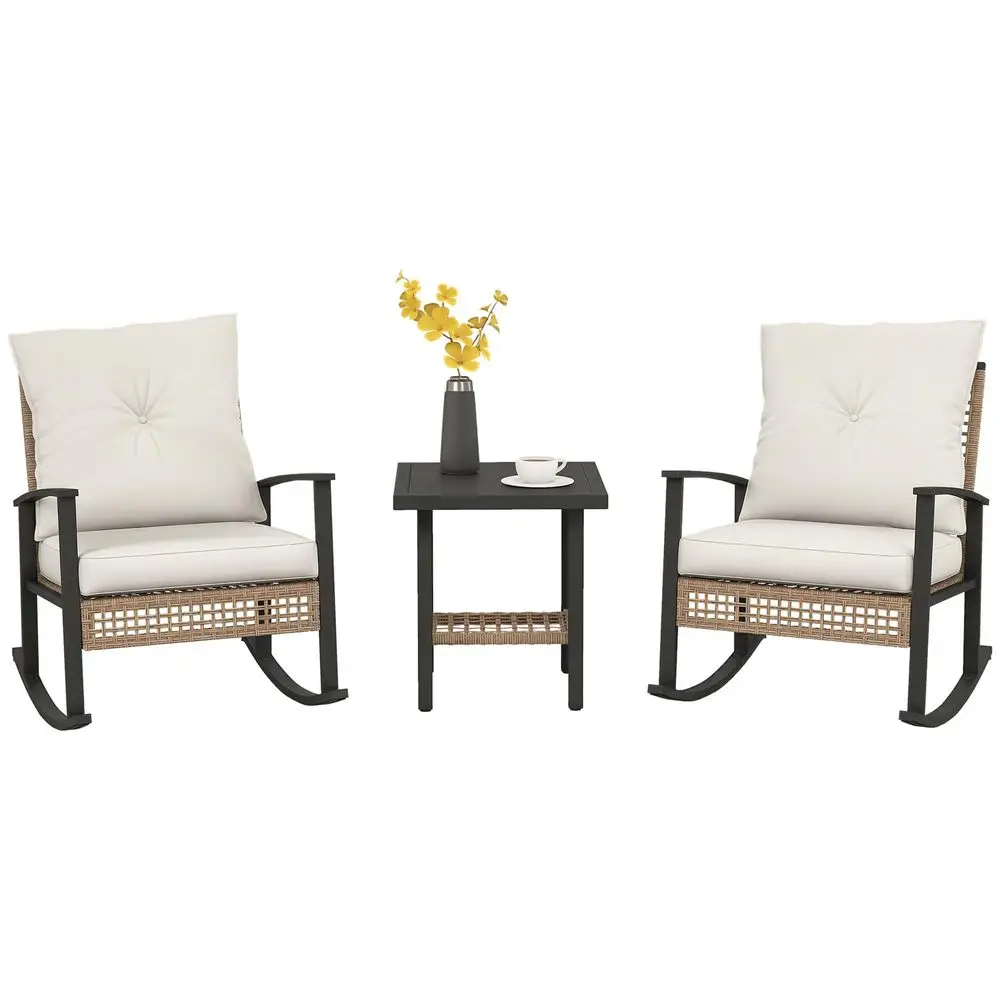 3 Pieces Rocking Wicker Outdoor Bistro Set, Rattan Patio Furniture Set with Coffee Table and Porch Chairs, Button Tufted Cushio
3 Pieces Rocking Wicker Outdoor Bistro Set, Rattan Patio Furniture Set with Coffee Table and Porch Chairs, Button Tufted Cushio