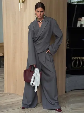 Loose 2 Piece Blazer Pant Set Women Irregular Lapel Crop Suit Jacket Pleated Wide Leg Pants 2026 Office Lady Matching Outfits