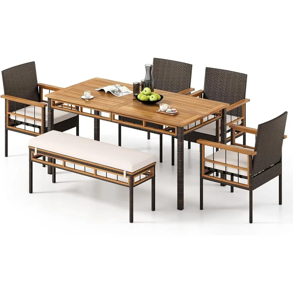 6-Piece Patio Dining Set: Acacia Wood Table with Umbrella Hole, Cushioned Bench & 4 Armchairs for Outdoor Spaces
6-Piece Patio Dining Set: Acacia Wood Table with Umbrella Hole, Cushioned Bench & 4 Armchairs for Outdoor Spaces