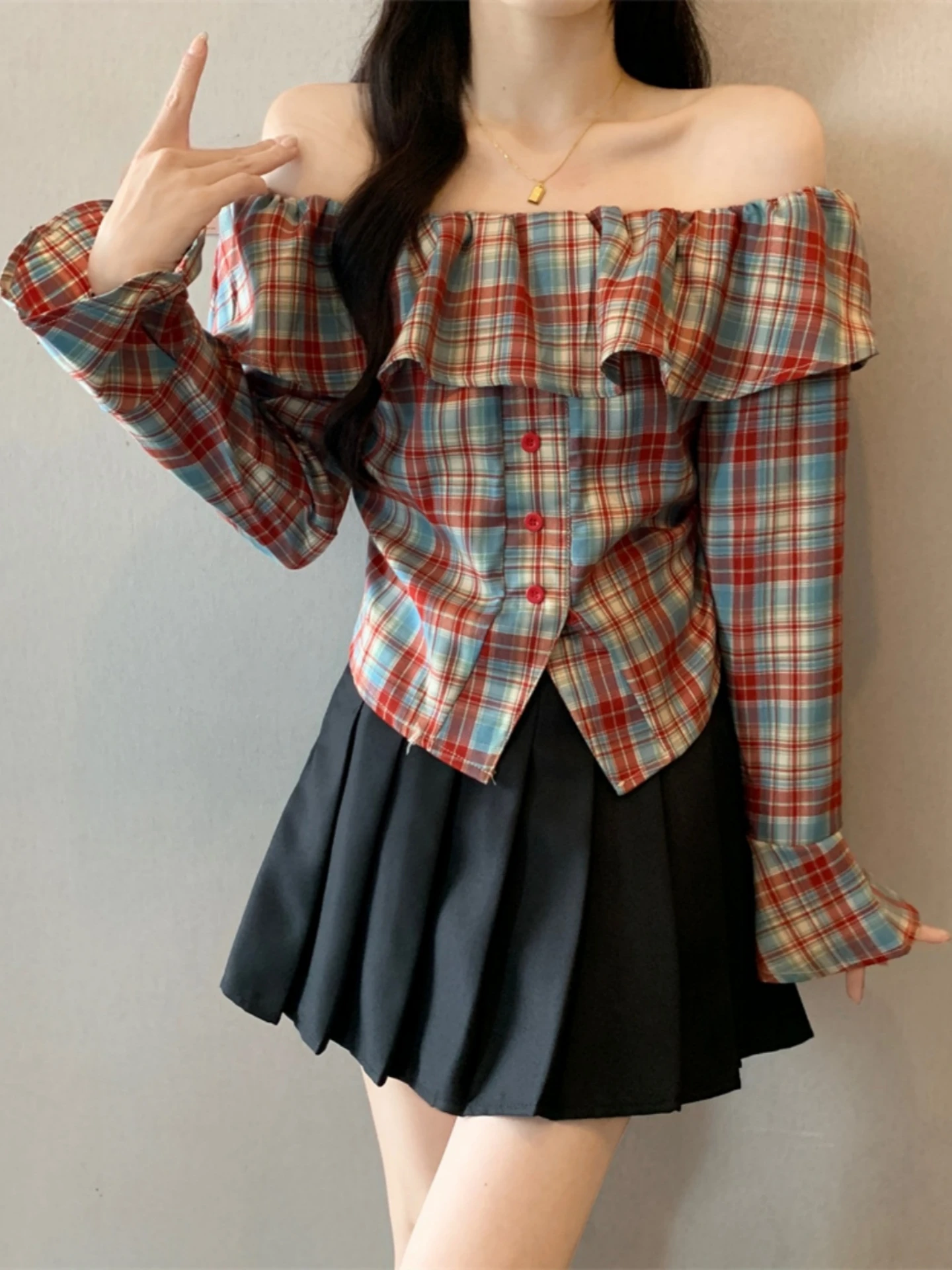 Slimming Plaid Shirt Women's Early Spring Long Sleeve One-Shoulder Short Design Sensation Beautiful Top Large Size MM
Slimming Plaid Shirt Women's Early Spring Long Sleeve One-Shoulder Short Design Sensation Beautiful Top Large Size MM