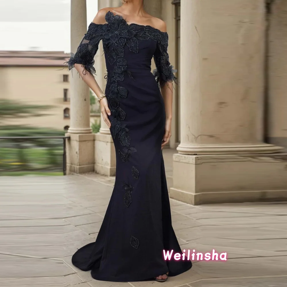 Customized Lace Appliques Mermaid Mother of the Bride Dress Long Off The Shoulder Half Sleeve Fashion Feathers Simple Guest Gown
Customized Lace Appliques Mermaid Mother of the Bride Dress Long Off The Shoulder Half Sleeve Fashion Feathers Simple Guest Gown