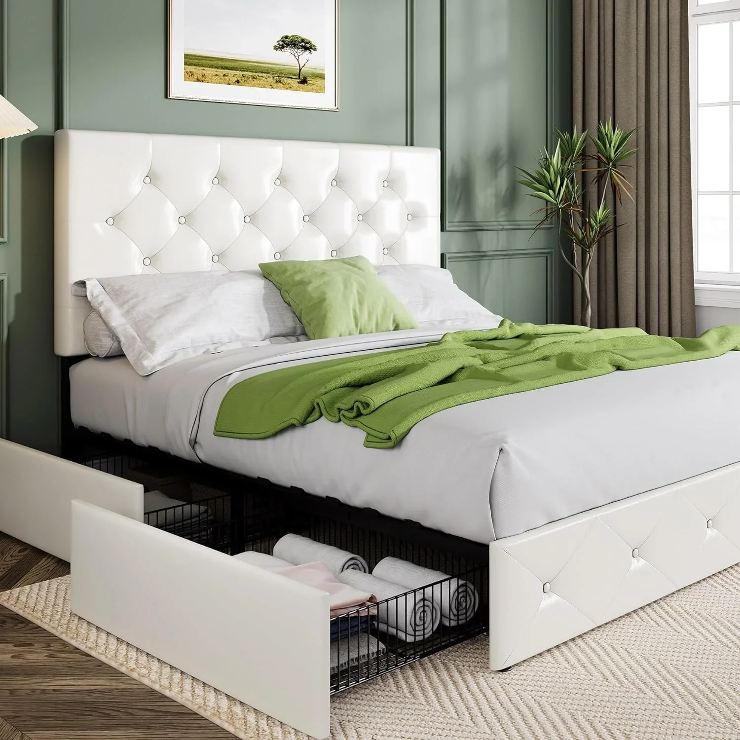 Upholstered Queen Size Platform Bed Frame with 4 Storage Drawers and Headboard, Diamond Stitched Button Tufted
Upholstered Queen Size Platform Bed Frame with 4 Storage Drawers and Headboard, Diamond Stitched Button Tufted