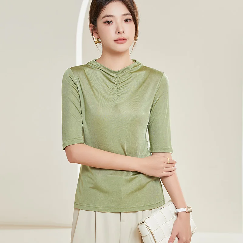 Spring Summer New Short Sleeve T-Shirt Women Solid Color Simple Casual Soft Tops Round Neck Mulberry Silk Office Lady Clothes
Spring Summer New Short Sleeve T-Shirt Women Solid Color Simple Casual Soft Tops Round Neck Mulberry Silk Office Lady Clothes