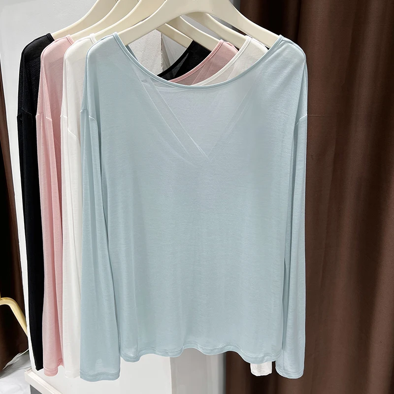 Slightly transparent large round neck lyocell tencel long-sleeved T-shirt for women in summer lazy style loose sun protection to
Slightly transparent large round neck lyocell tencel long-sleeved T-shirt for women in summer lazy style loose sun protection to