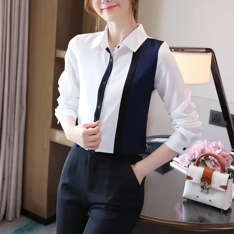 Элегантная женская блузка из шифона с отложным воротником в контрастном стиле для офиса, свободный повседневный топ
Элегантная женская блузка из шифона с отложным воротником в контрастном стиле для офиса, свободный повседневный топ