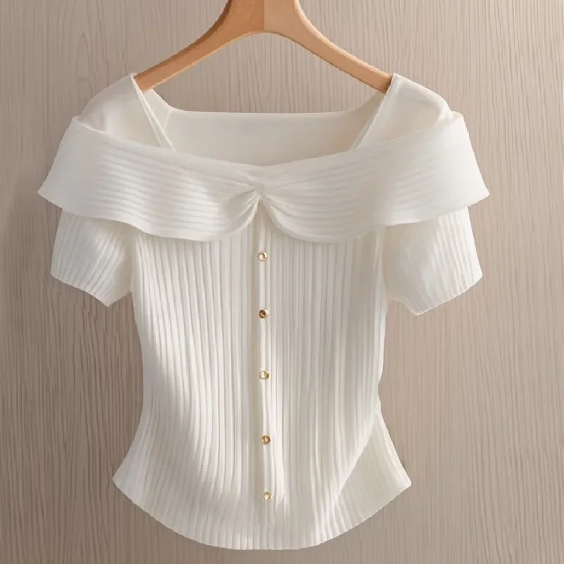 Temperament Women Elegant Off Shoulder Square Collar Retro Shirts Solid Knitted Sweater T Shirts Summer Fashion White Aesthetic
Temperament Women Elegant Off Shoulder Square Collar Retro Shirts Solid Knitted Sweater T Shirts Summer Fashion White Aesthetic
