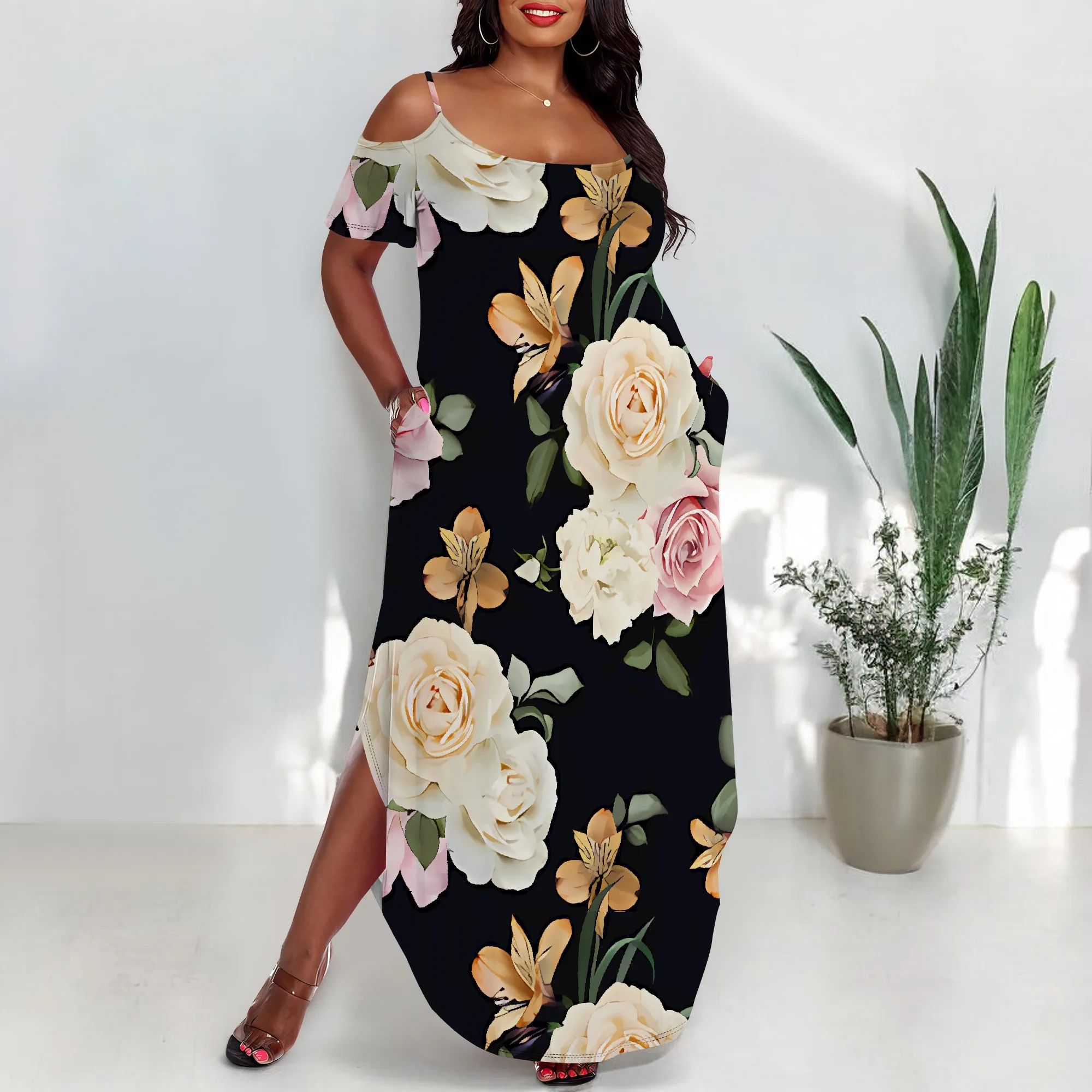 Plus Size Off Shoulder Maxi Dress Black Floral Print Elegant Summer Party Dress for Women
Plus Size Off Shoulder Maxi Dress Black Floral Print Elegant Summer Party Dress for Women