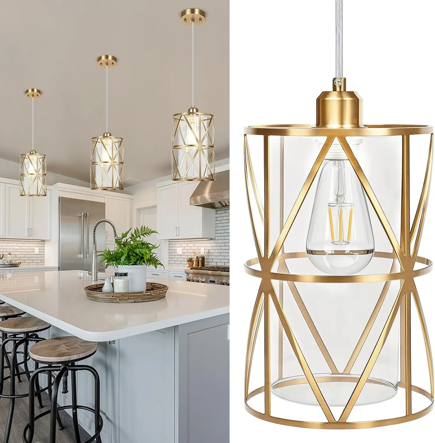 Brushed Gold Pendant Light, 7"x10" Dual-Shade Kitchen Island Lighting with Clear Glass, E26 Adjustable Height 1"-61", UL Listed
Brushed Gold Pendant Light, 7"x10" Dual-Shade Kitchen Island Lighting with Clear Glass, E26 Adjustable Height 1"-61", UL Listed