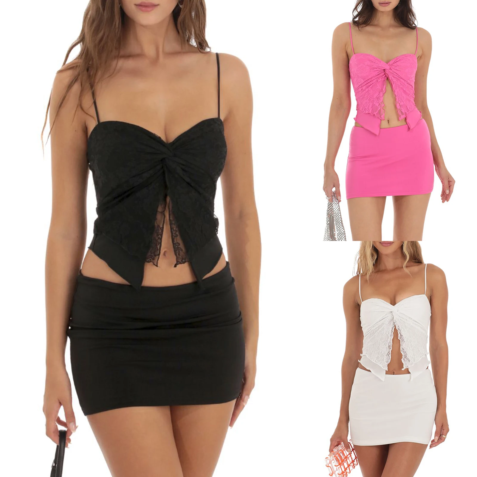 Women Lace Summer Skirts Outfits Camisoles Slit Front Sleeveless Tank Tops Mini Skirts 2 Pieces Clothes Set Streetwear
Women Lace Summer Skirts Outfits Camisoles Slit Front Sleeveless Tank Tops Mini Skirts 2 Pieces Clothes Set Streetwear