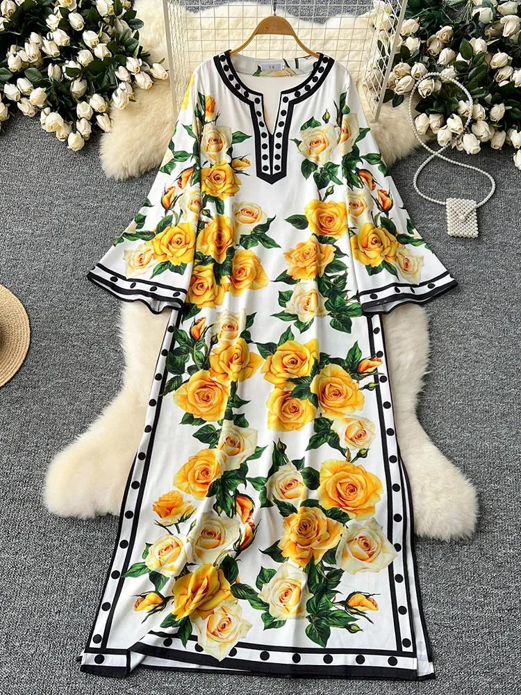 Summer Holiday Yellow Rose Flower Printed Loose Robe Dress Women Beach Long Sleeve Dot Floral Side Split Party Maxi Vestidos
Summer Holiday Yellow Rose Flower Printed Loose Robe Dress Women Beach Long Sleeve Dot Floral Side Split Party Maxi Vestidos