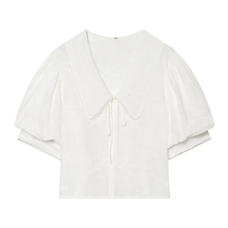 Women's Lace Shirt with Tie New 2026 Summer Simple Embroidery Puff Sleeve Peter Pan Collar Shirts & Blouses Simple Lady Tops
Women's Lace Shirt with Tie New 2026 Summer Simple Embroidery Puff Sleeve Peter Pan Collar Shirts & Blouses Simple Lady Tops