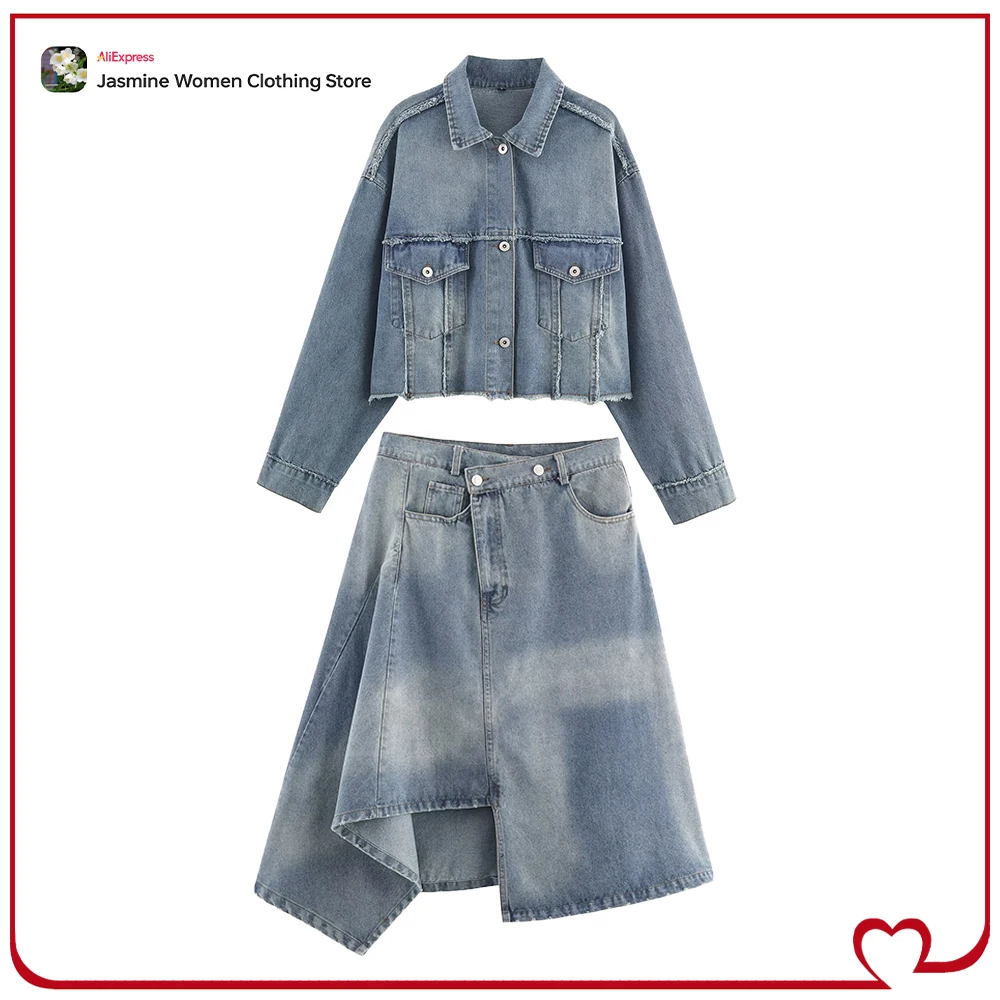 Women's Stylish Denim Co-ord Sets Distressed Crop Denim Jacket with Patch Pockets and Cross-waist Midi Skirt with Asymmetric Hem
Women's Stylish Denim Co-ord Sets Distressed Crop Denim Jacket with Patch Pockets and Cross-waist Midi Skirt with Asymmetric Hem
