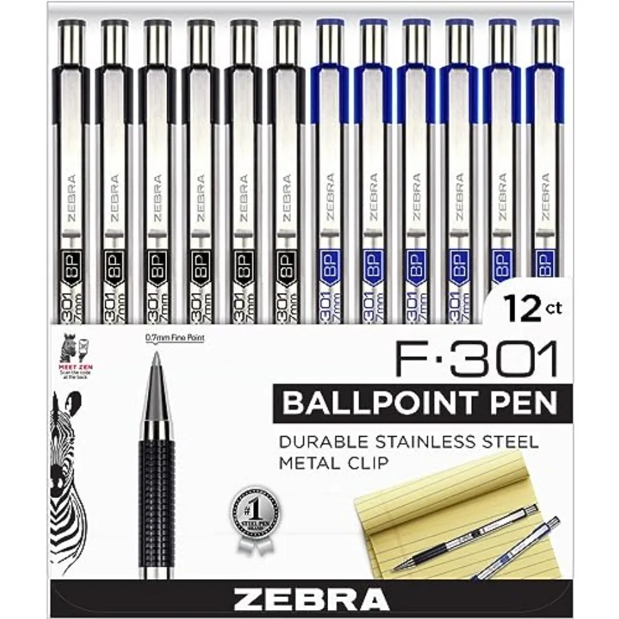 F-301 Ballpoint Fine Point 0.7mm, Stainless Steel Retractable, 6 Black and 6 Blue - 12 Pack
F-301 Ballpoint Fine Point 0.7mm, Stainless Steel Retractable, 6 Black and 6 Blue - 12 Pack