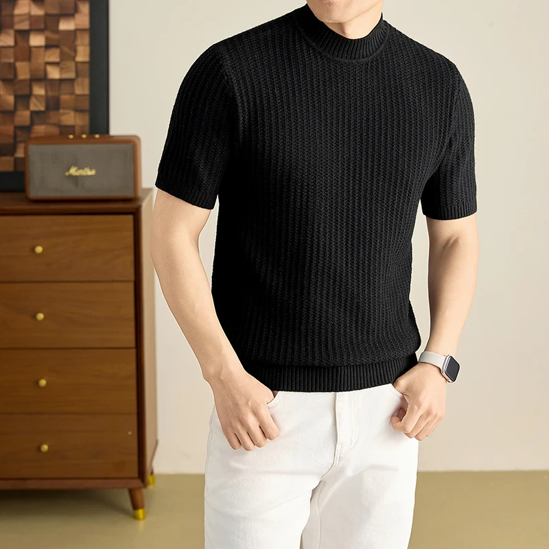 Half High Neck Short Sleeved T-shirt for Men, Summer New Item, Solid Color Knitted Half Sleeved Top for Men
Half High Neck Short Sleeved T-shirt for Men, Summer New Item, Solid Color Knitted Half Sleeved Top for Men