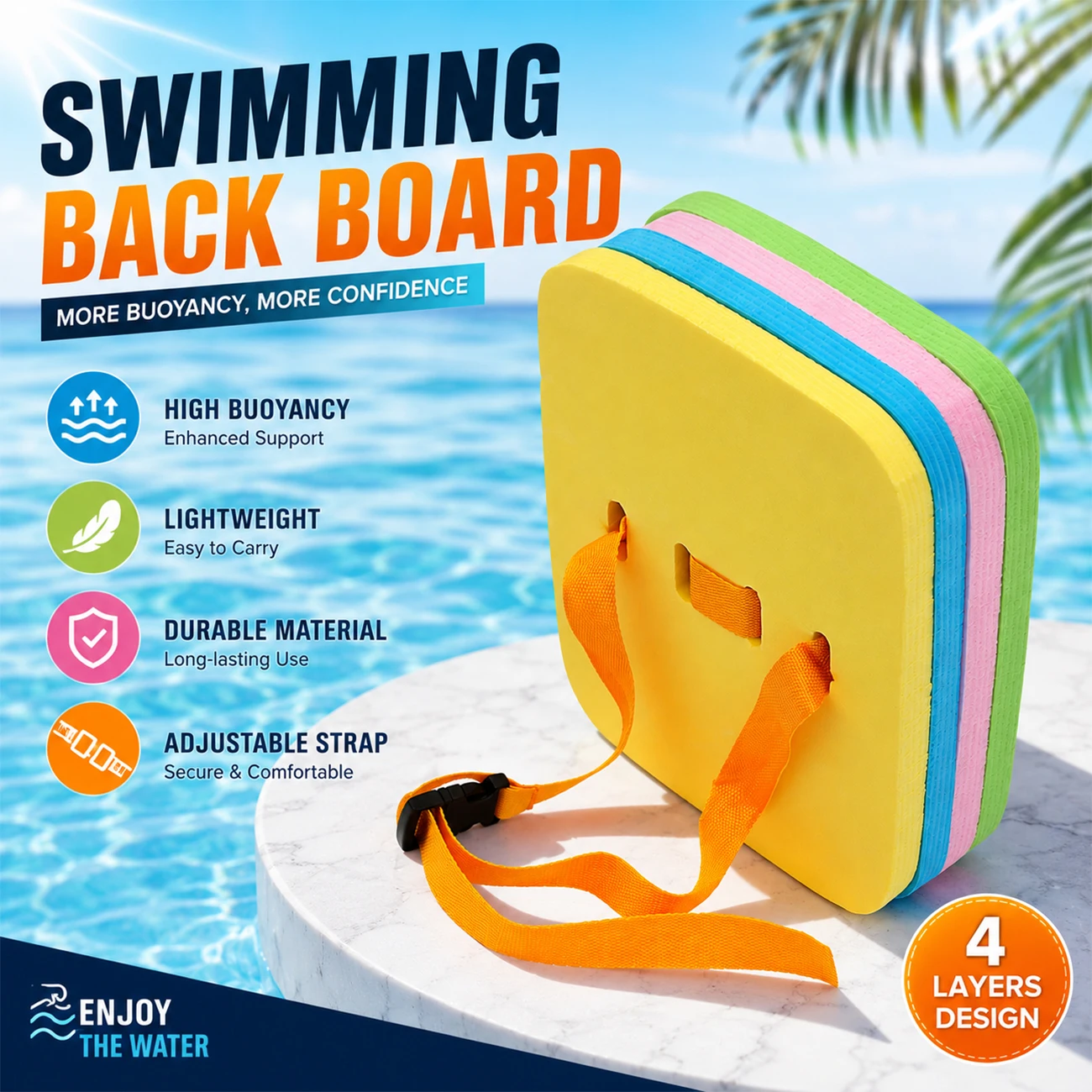 1pc Swimming Back Float Board 4-Layer EVA Foam Swim Trainer with Adjustable Strap High Buoyancy Pool Training Aid
1pc Swimming Back Float Board 4-Layer EVA Foam Swim Trainer with Adjustable Strap High Buoyancy Pool Training Aid