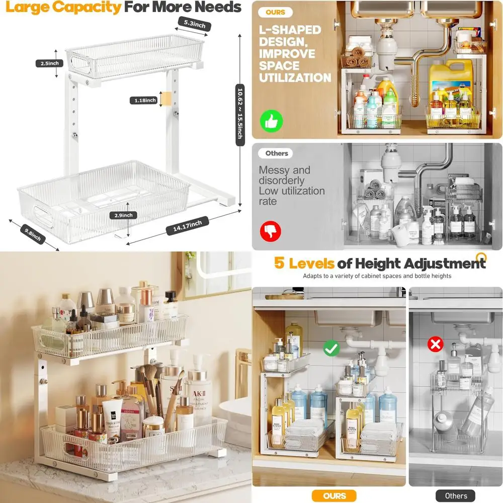 2-Tier Acrylic Sink Organizer, Adjustable L-Shaped Storage Shelf for Kitchen & Bathroom Cabinets - White
2-Tier Acrylic Sink Organizer, Adjustable L-Shaped Storage Shelf for Kitchen & Bathroom Cabinets - White