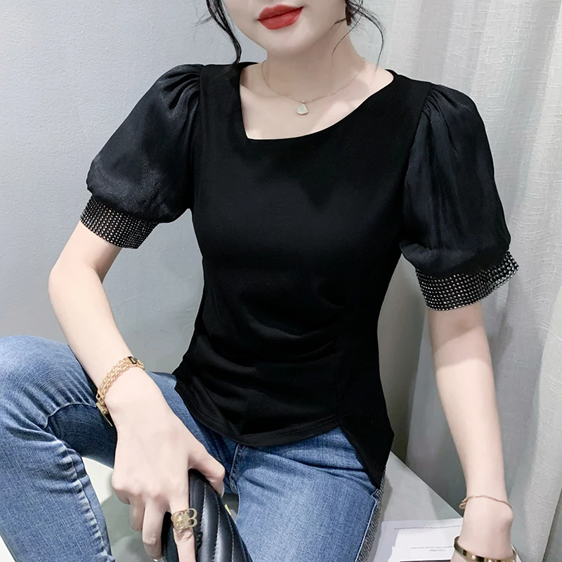 Black Summer Korean Style Cotton T-Shirt Women Chic Sexy Draped Shiny Diamonds Tops Patchwork Puff Sleeve Casual Tees New 4441
Black Summer Korean Style Cotton T-Shirt Women Chic Sexy Draped Shiny Diamonds Tops Patchwork Puff Sleeve Casual Tees New 4441