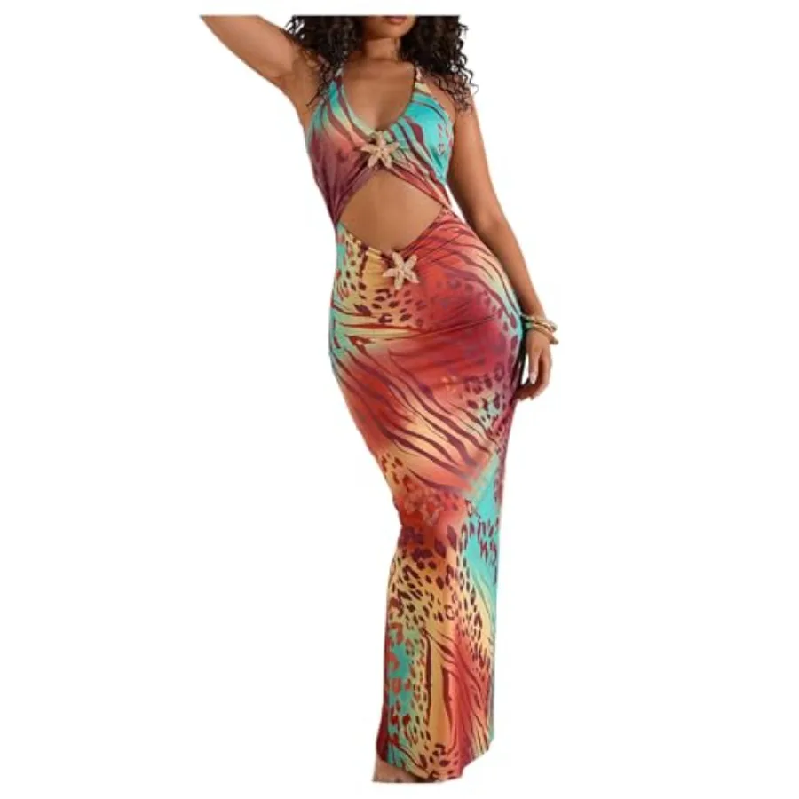 WDIRARA Women's Leopard Graphic Metal Starfish Cut Out Slit Halter Dress Tie Open Back Maxi Dress
WDIRARA Women's Leopard Graphic Metal Starfish Cut Out Slit Halter Dress Tie Open Back Maxi Dress