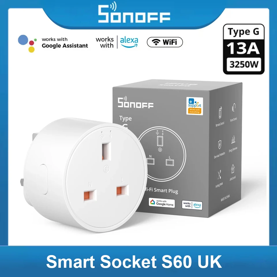 SONOFF S60 UK WiFi Socket Smart Home Plug Power Monitor Outlet Voice/eWeLink Remoter Control Alexa Google Home SmartThings
SONOFF S60 UK WiFi Socket Smart Home Plug Power Monitor Outlet Voice/eWeLink Remoter Control Alexa Google Home SmartThings