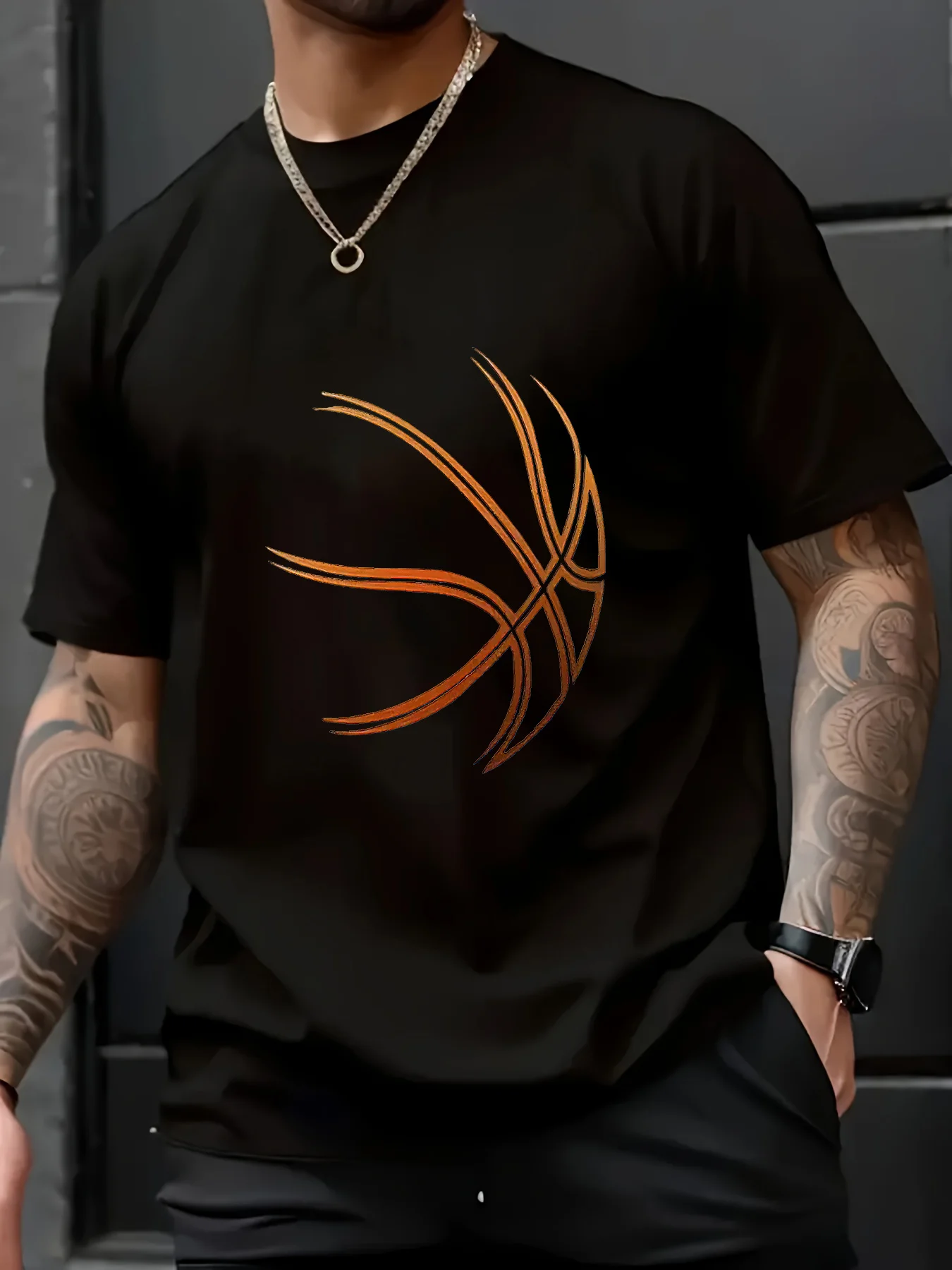 Men's Black Cotton Casual T-Shirt with Orange Basketball Graphic - Short Sleeve, Round Neck
Men's Black Cotton Casual T-Shirt with Orange Basketball Graphic - Short Sleeve, Round Neck