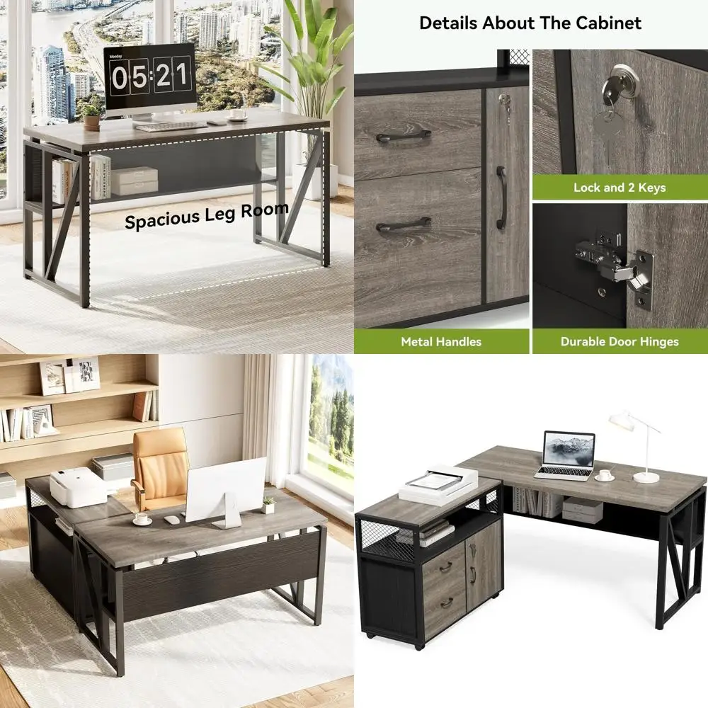 L-Shaped Grey Executive Desk with Lateral File Cabinet for Home or Office
L-Shaped Grey Executive Desk with Lateral File Cabinet for Home or Office