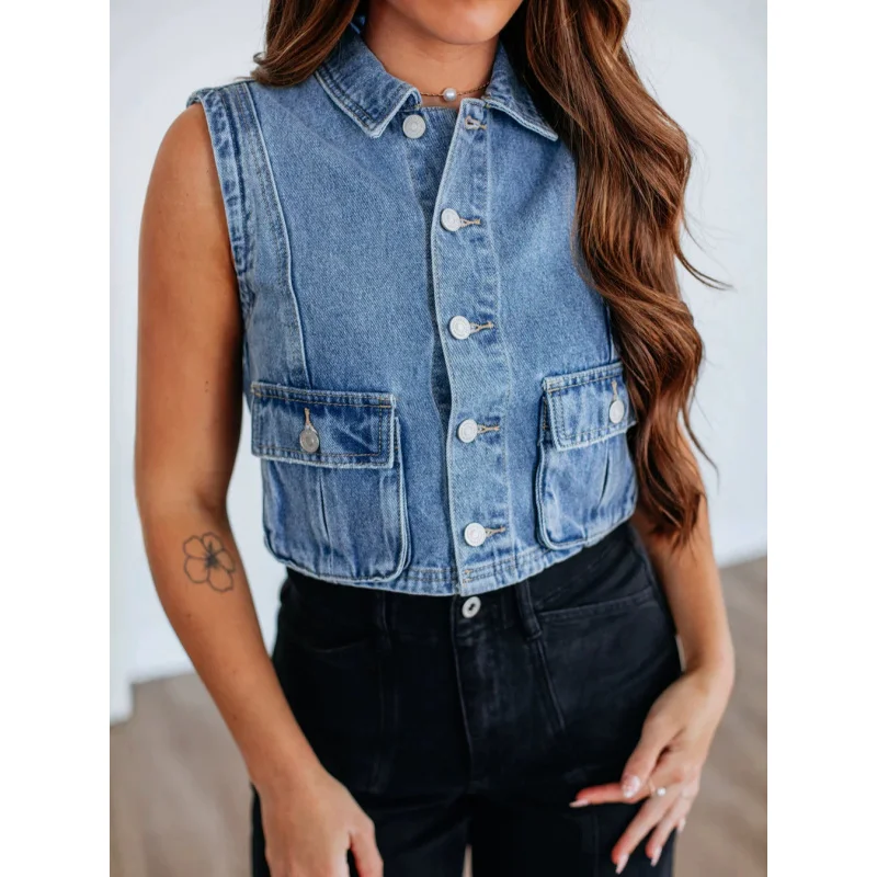 Women's Short Sleeveless Cowboy Vest 2026 Spring Autumn New Simple Large Pocket Loose Top Cardigan
Women's Short Sleeveless Cowboy Vest 2026 Spring Autumn New Simple Large Pocket Loose Top Cardigan