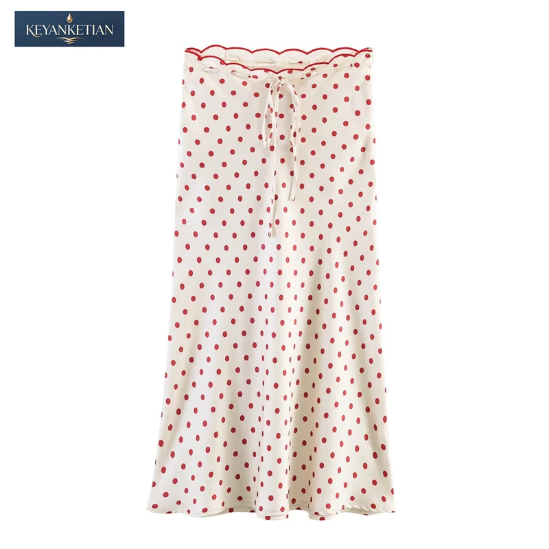 KEYANKETIAN 2026 Summer French Vintage Polka Dot Maxi Skirt Zipper High Waist Scalloped Trim & Tie Waist Detail A-Line Skirt
KEYANKETIAN 2026 Summer French Vintage Polka Dot Maxi Skirt Zipper High Waist Scalloped Trim & Tie Waist Detail A-Line Skirt