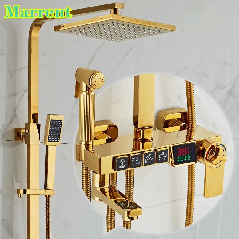Gold Thermostatic Shower System Faucets Hot Cold Bathroom Faucet Tap 12 Inch Rainfall Shower Head Digital Bathroom Shower Set
Gold Thermostatic Shower System Faucets Hot Cold Bathroom Faucet Tap 12 Inch Rainfall Shower Head Digital Bathroom Shower Set
