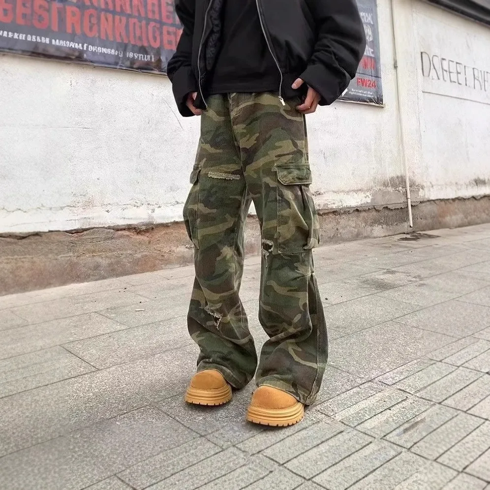 American Retro Cleanfit Camouflage Work Pants Men's Women's Straight Leg Fake Tear Loose Casual Jeans mid Waist Zipper Opening
American Retro Cleanfit Camouflage Work Pants Men's Women's Straight Leg Fake Tear Loose Casual Jeans mid Waist Zipper Opening