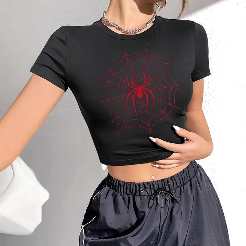 Women's spider print round neck short sleeved slim fit round neck T-shirt for women's clothing
Women's spider print round neck short sleeved slim fit round neck T-shirt for women's clothing