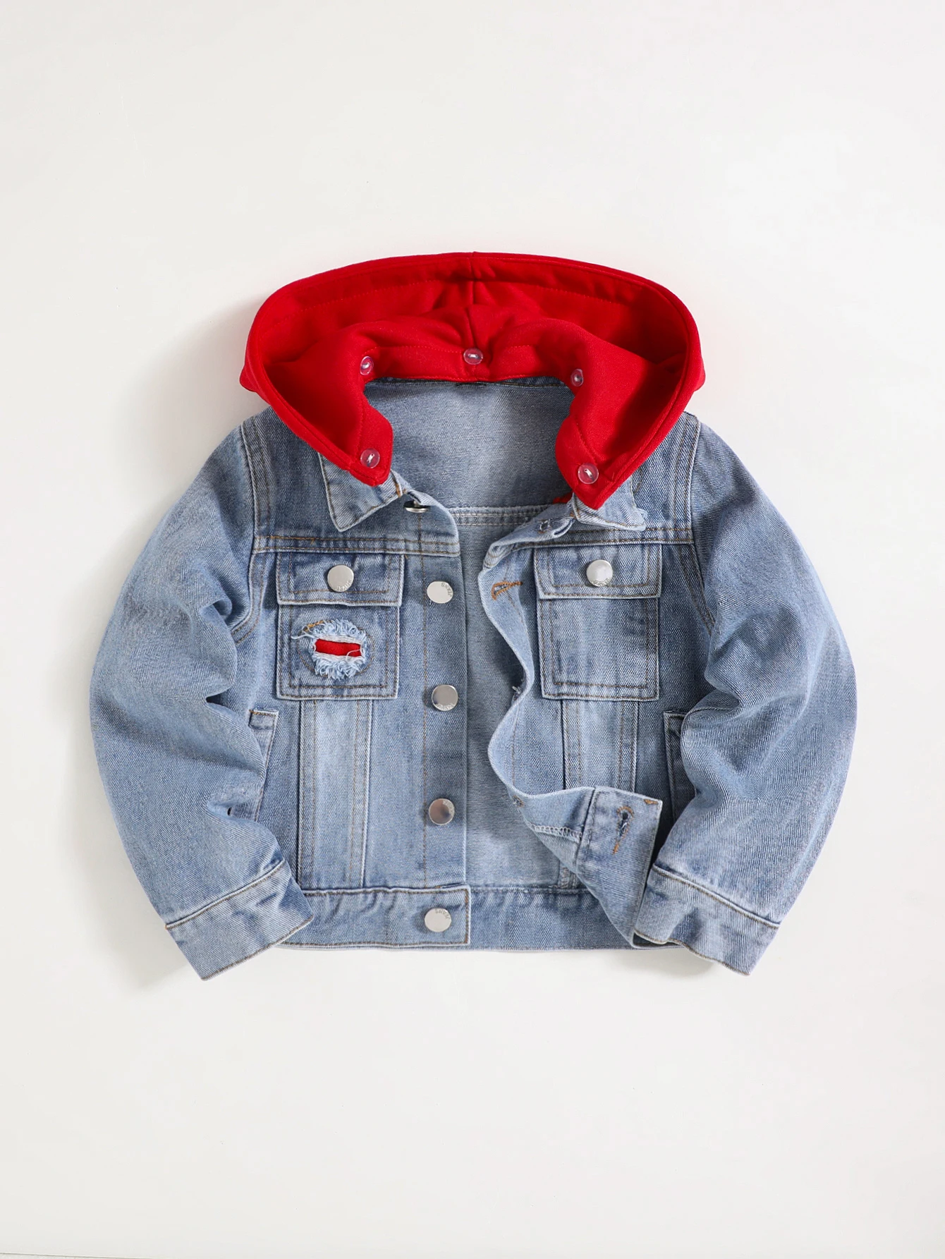 Boy's denim jacket children's spring and autumn red hat color hat removable front worn bobblehead button denim light blue
Boy's denim jacket children's spring and autumn red hat color hat removable front worn bobblehead button denim light blue