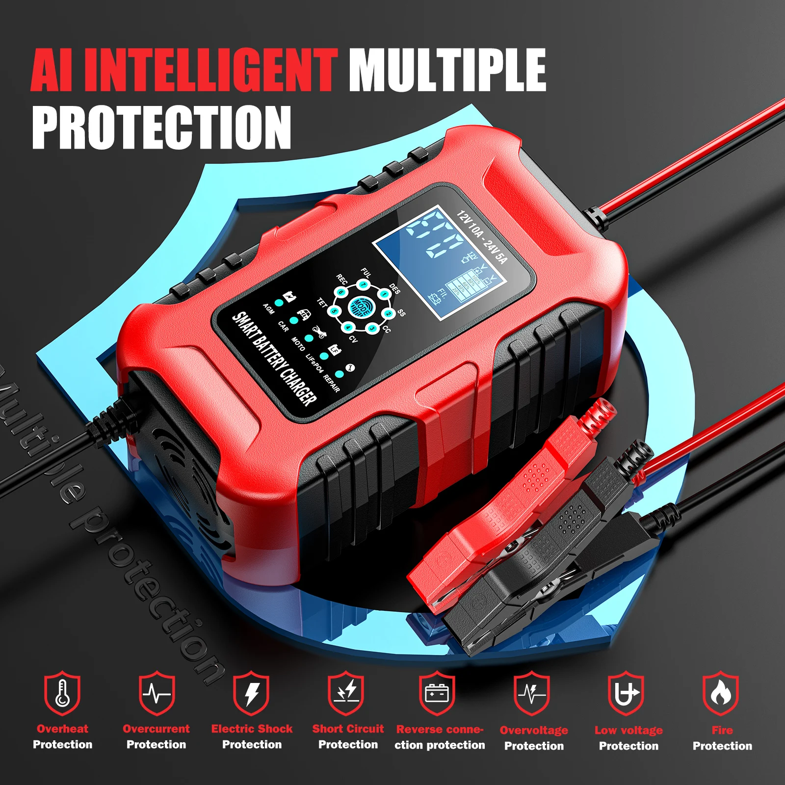 FOXSUR 12V/10A 24V/5A Full Automatic Car Smart Battery Charger Digital Display Pulse Repair Maintainer For Lead Acid AGM
FOXSUR 12V/10A 24V/5A Full Automatic Car Smart Battery Charger Digital Display Pulse Repair Maintainer For Lead Acid AGM