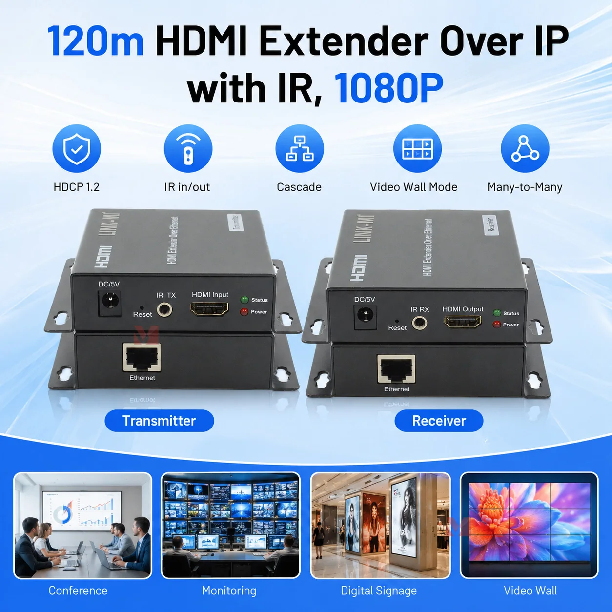 120m HDMI Extender Over IP 1080P Via Single UTP Cat5e/6 RJ45 Ethernet transmitter receiver
120m HDMI Extender Over IP 1080P Via Single UTP Cat5e/6 RJ45 Ethernet transmitter receiver