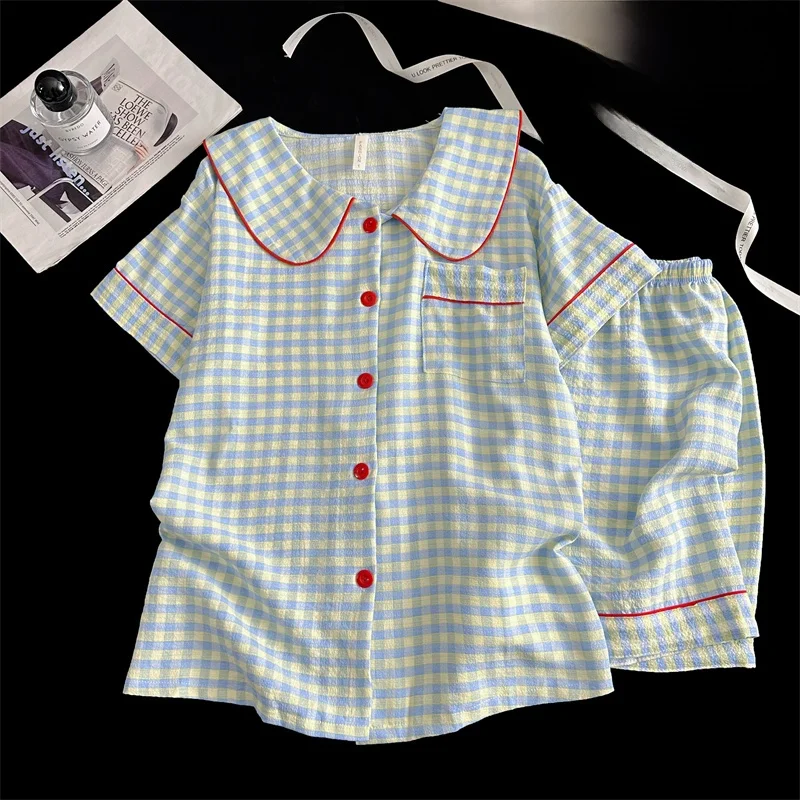Summer Short Sleeve Sleepwear Women's Bubble Gauze Pleated Cardigan Sweet Little Cherry Thin Home Clothes Set Casual Style 14 Sb6741031f85f471bbf208f54a102cb76r