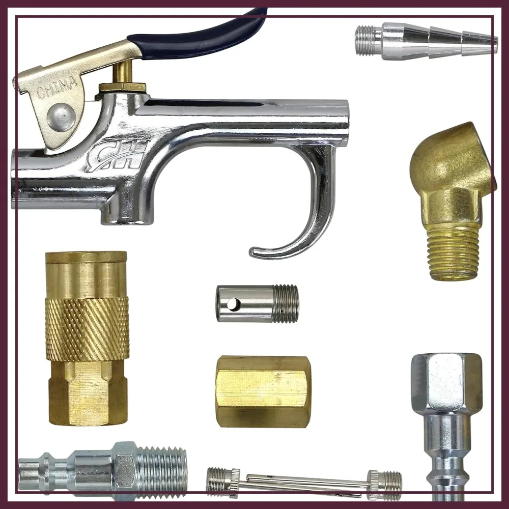 11-Piece Air Gun Compressor Starter Kit with Fittings, Couplers, Inflators, Tapered Inflator, Inflation Needle, Safety Nozzle
11-Piece Air Gun Compressor Starter Kit with Fittings, Couplers, Inflators, Tapered Inflator, Inflation Needle, Safety Nozzle